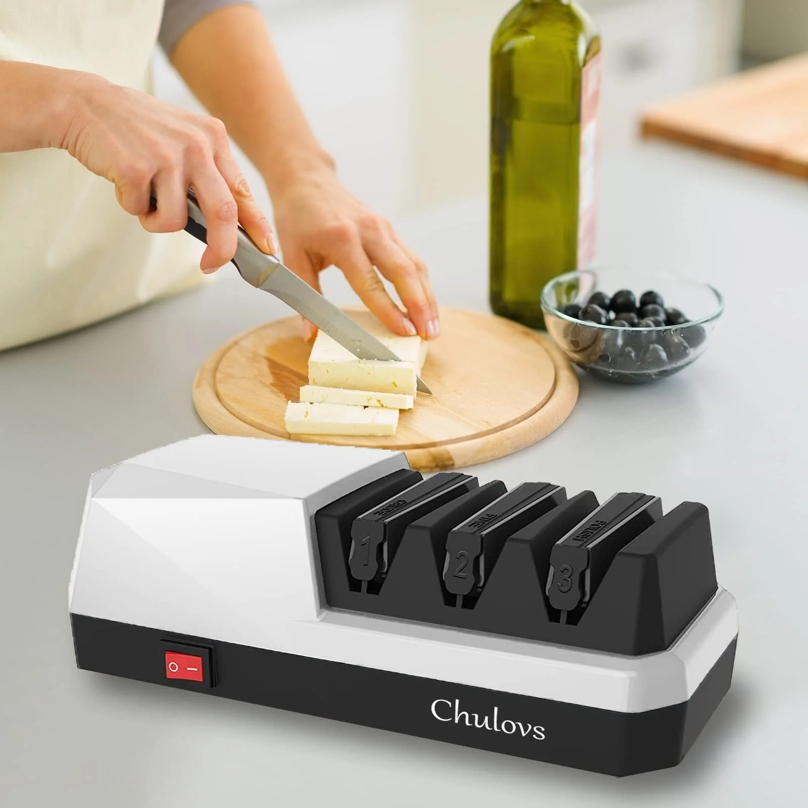 Точилка для ножів Chulovs 3-в-1 електрична алмазна 3-етапна Silver, фото №6