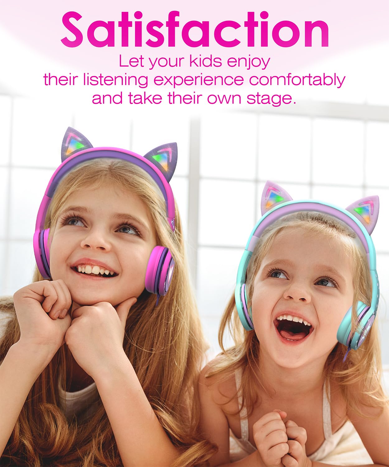Навушники FosPower Kids with LED Glow Cat Ears 3.5mm Turquoise/Light Purple, фото №7
