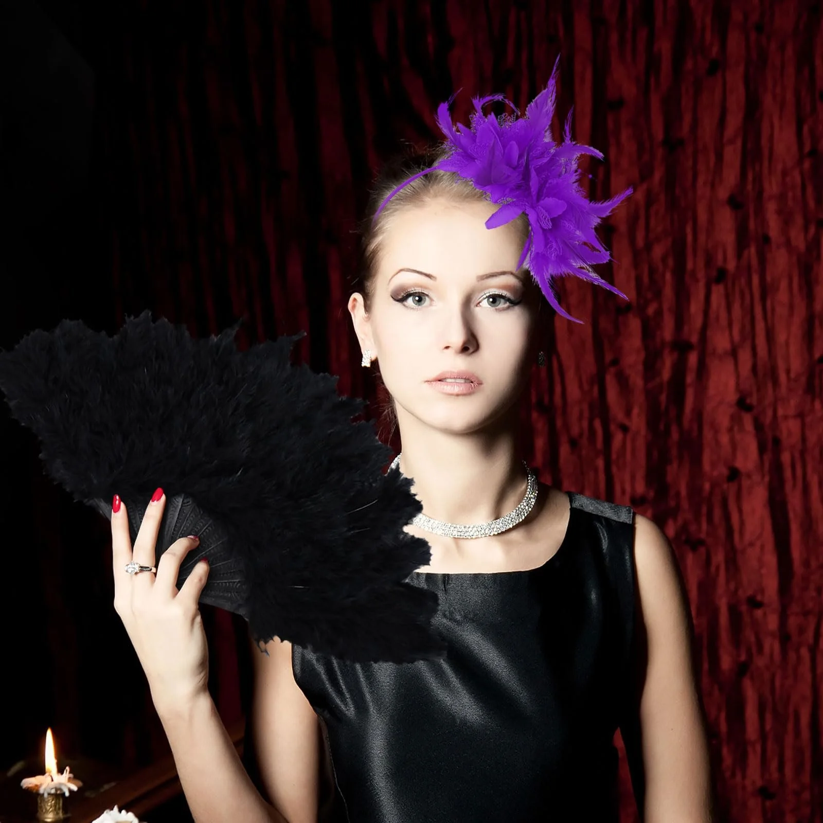 Вінтажний обруч для волосся з мереживом, пір'ям та штучними квітами в стилі 1920-х років, фото №4