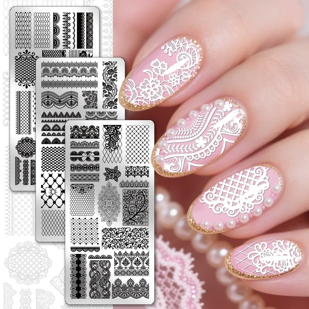 Пластины для стемпинга PH PandaHall 3 штуки Lace Pattern Flowers Tips Retro нержавеющая сталь со штампом и скребком, фото №3