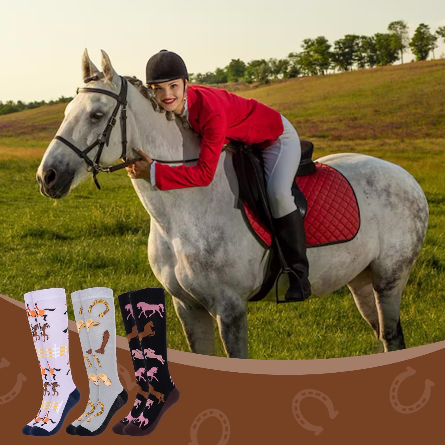 Носки для верховой езды, 3 пары Женские и девичьи гольфы для верховой езды, Клетка, Для любителей лошадей, Гольфы до колена, Женские носки для верховой езды, Женские 39-42 Хлопок, Женские девичьи носки для бега, Длинные носки, Компрессионные носки, фото №6