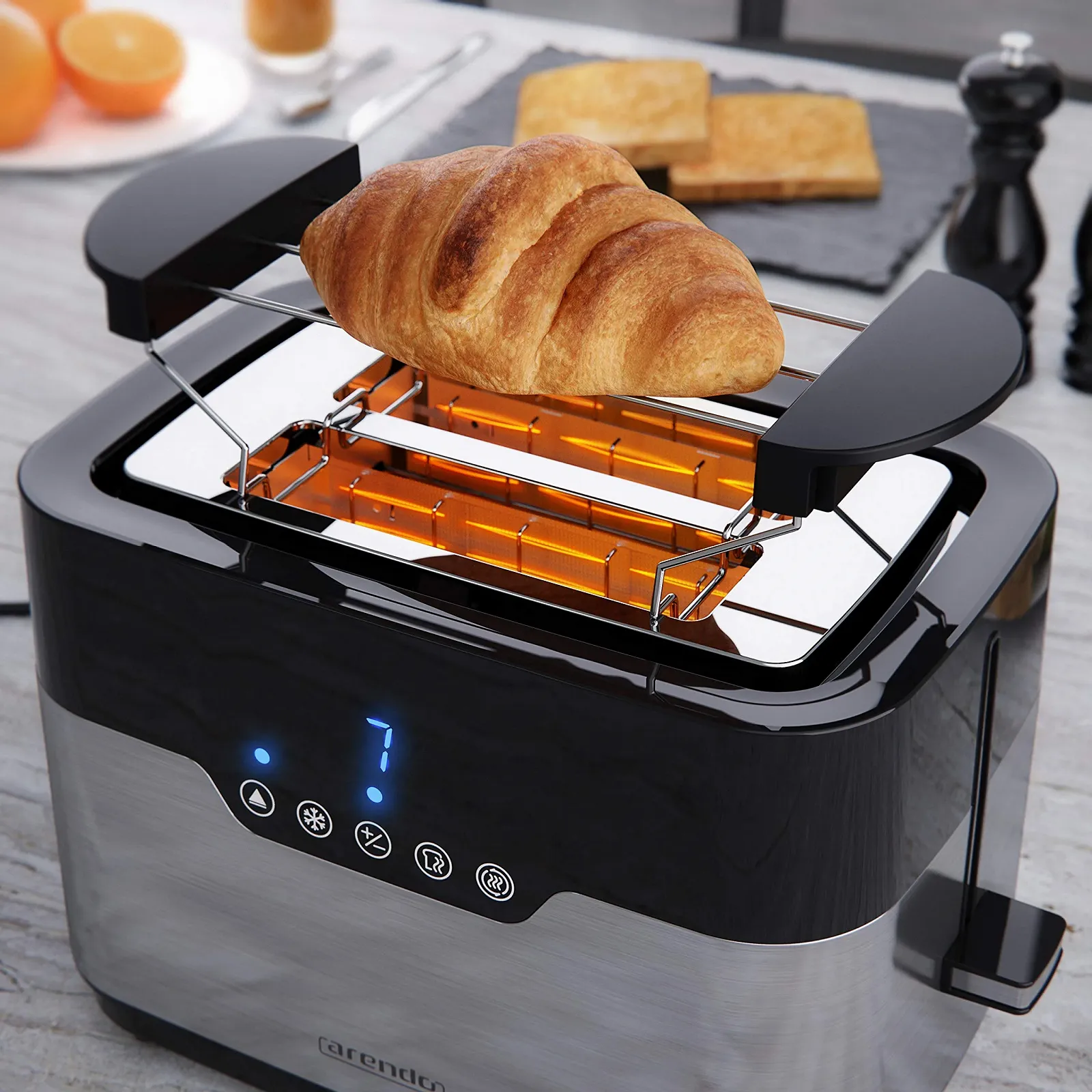 Тостер Arendo 2 скибочки нержавіюча сталь сенсорний дисплей з насадкою для булочок надширокі слоти 7 рівнів підсмажування одностороннього підсмажування для булочок бубликів і половинок багетів, фото №6