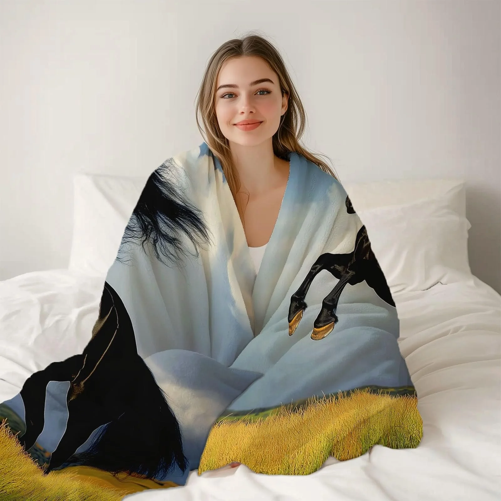 Покривало М'яка для дивану 200 x 200 см, Тепла з малюнком Поля Луки Коні, Чорно-жовта, фото №3