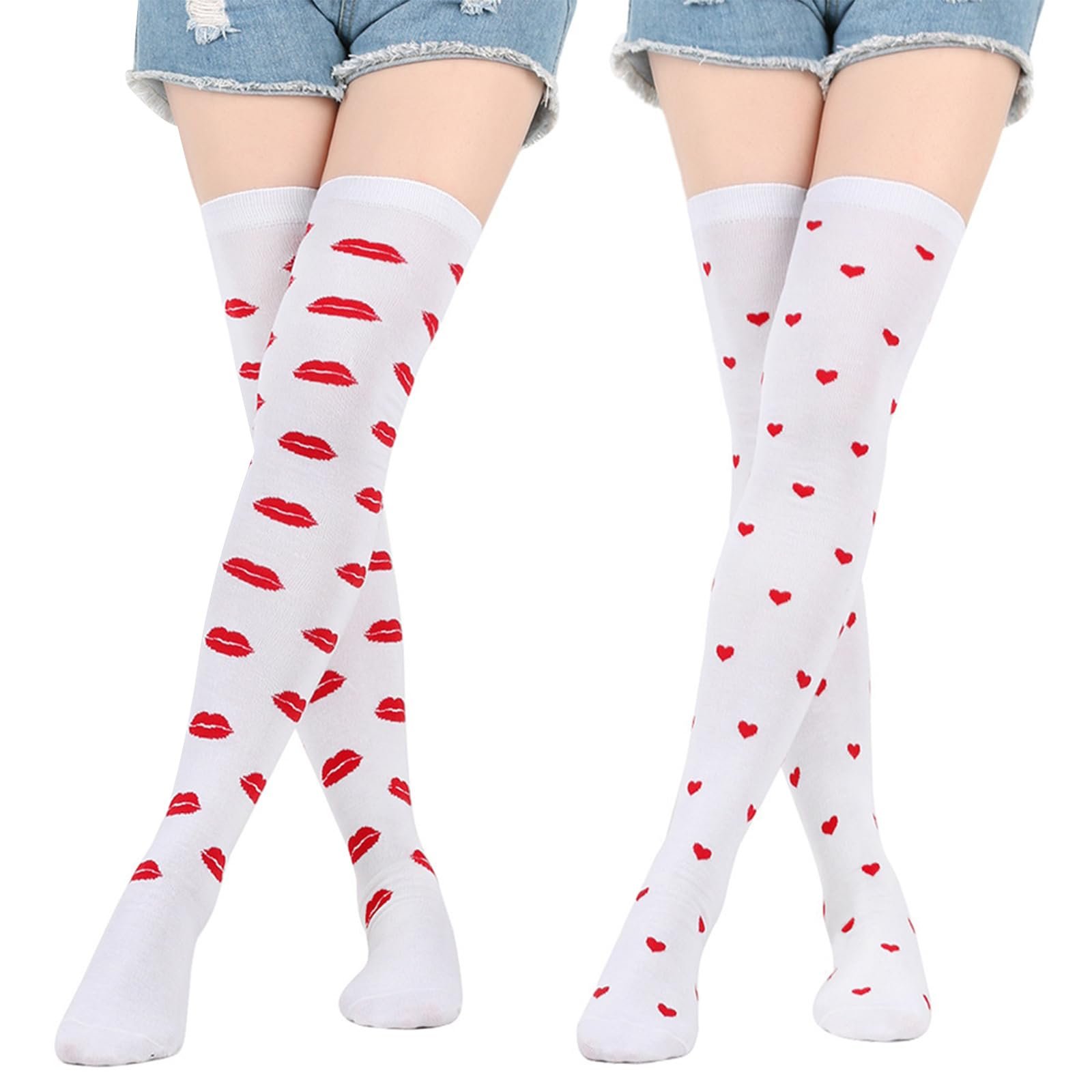 Женские чулки выше колена с узором сердца и губ, 2 пары, белые, фото №3