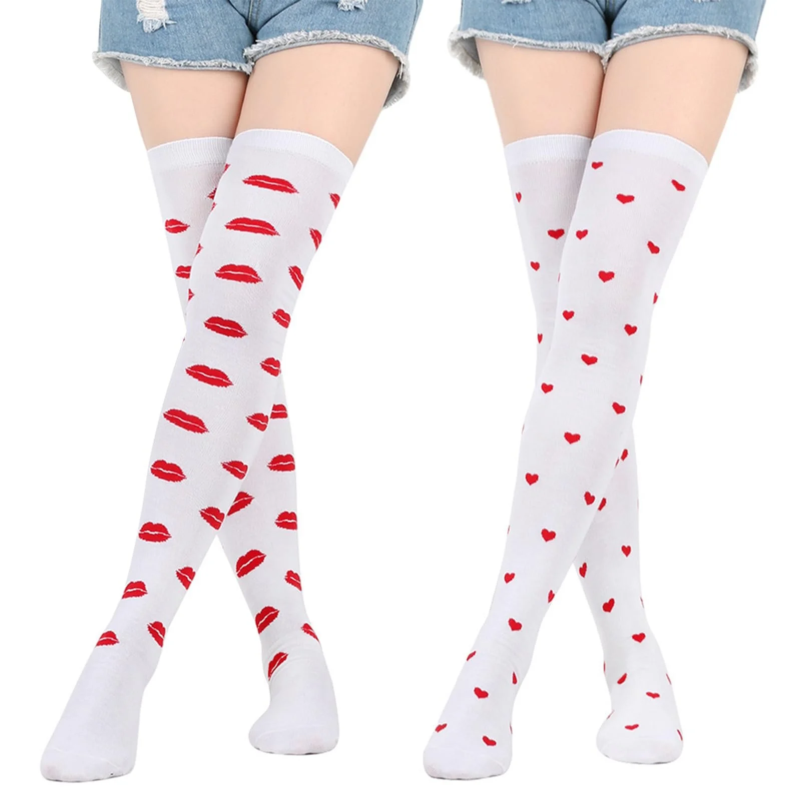 Жіночі шкарпетки вище коліна з візерунком серця та губ, 2 пари, білі, фото №3
