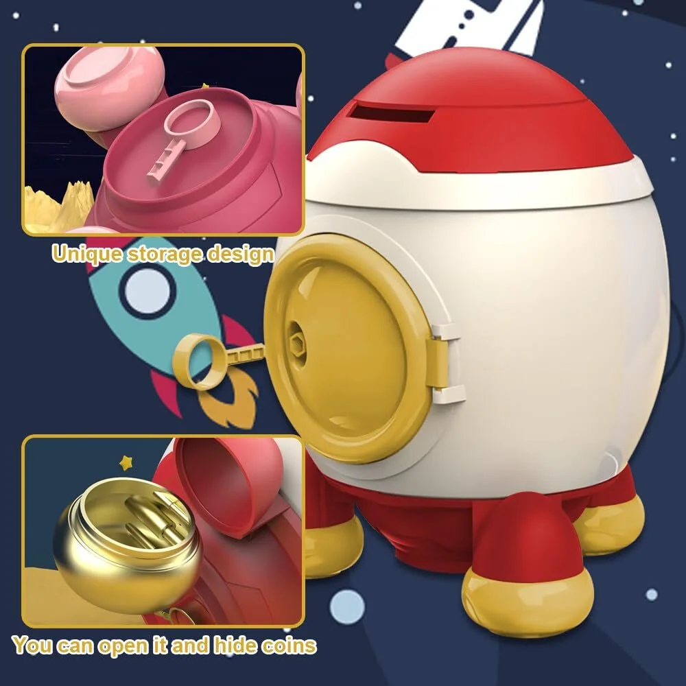 Скарбничка Rocket Astronaut Large Personalised з мультяшними наклейками та ключем, фото №3
