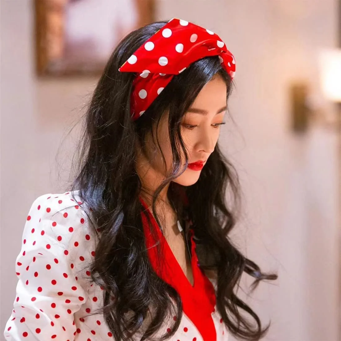 Набір пов'язок на голову з вузлом (2 шт.), мила в горошок, фото №6