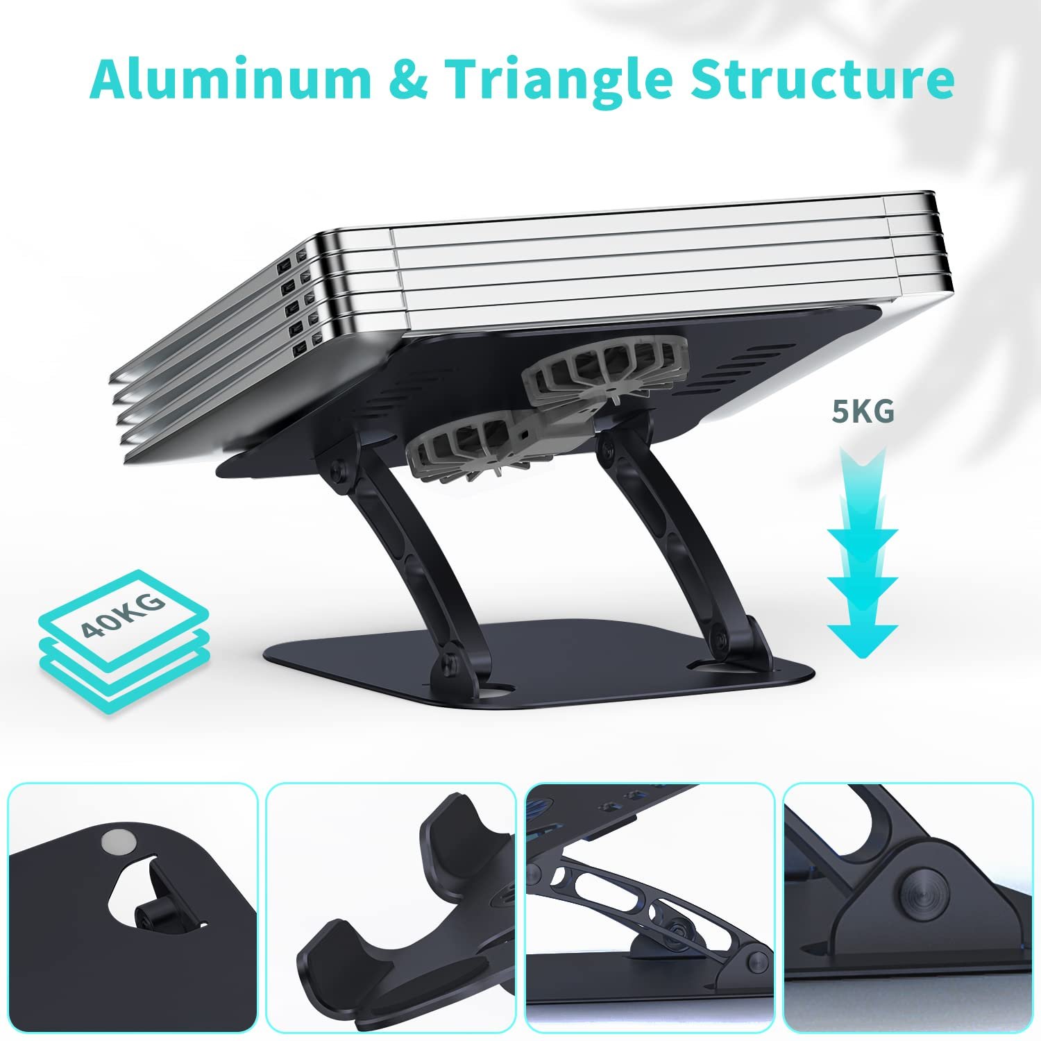 Підставка для ноутбука з регулюванням висоти та RGB вентилятором, складана, з алюмінієвого сплаву, вентильована, ергономічна, сумісна з усіма MacBook, ноутбуками 10-17 дюймів, фото №5