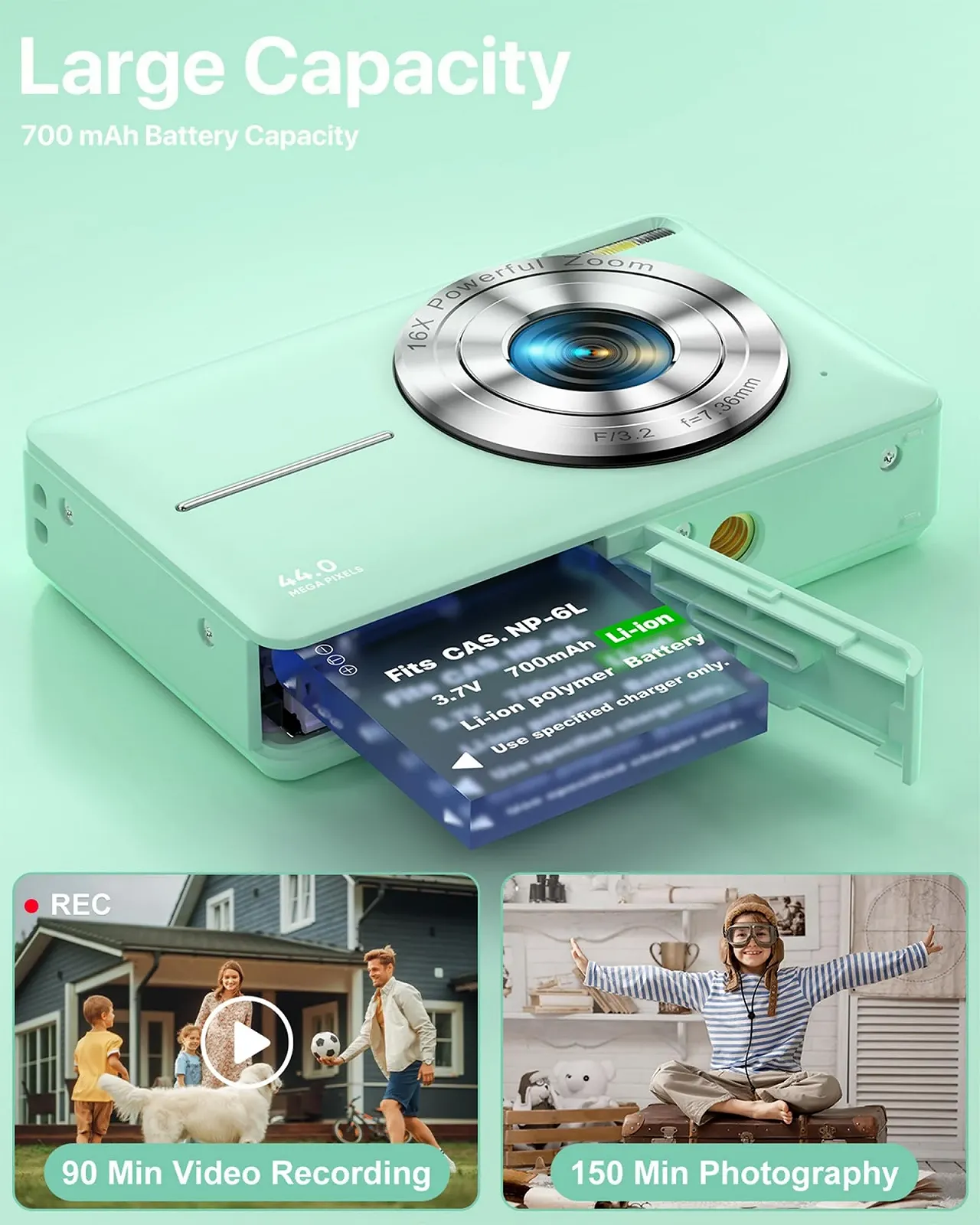 Цифрова камера 1080P 44MP 2,4-дюймовий LCD-екран 16x цифровий зум 32G Micro Memory Card 1 акумулятор Green, фото №5