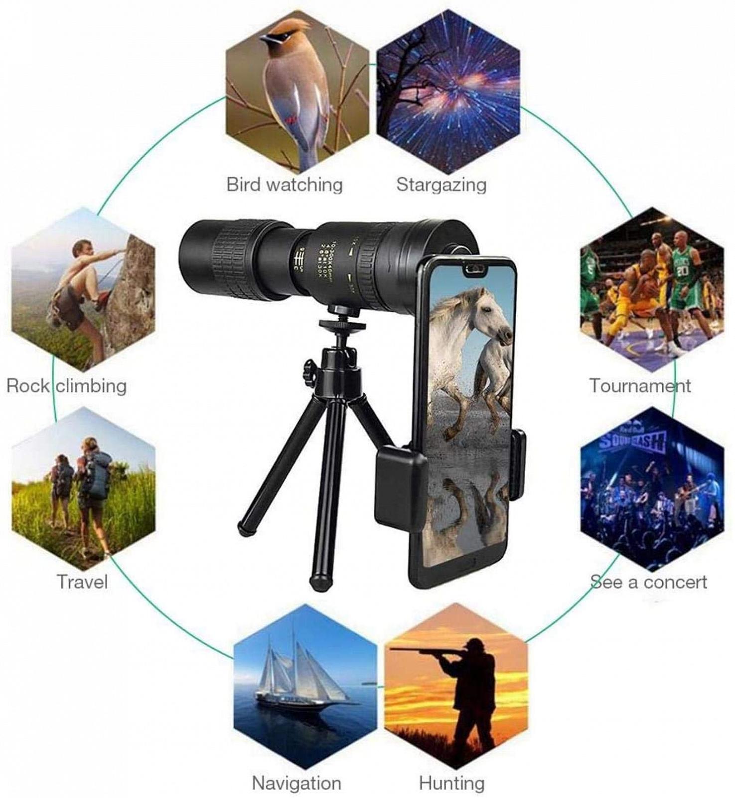 Монокуляр Телескоп 10–300x40mm HD-Супер-Телезум Монокуляр з Штативом та Смартфон-Адаптером для Спостереження за Птахами, фото №6