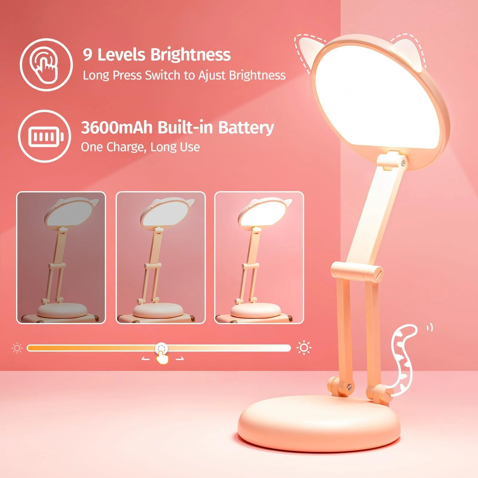 Настільна лампа One Fire Kawaii LED 3600 мАг Складана Рожева, фото №2