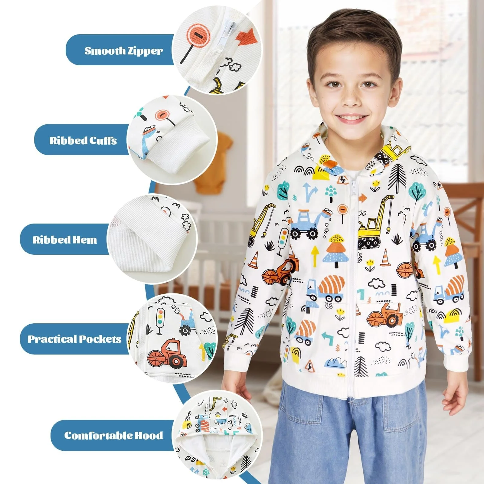 Толстовка с капюшоном Hoseay для мальчиков и девочек, на молнии, с длинными рукавами, хлопковая куртка, свитшот с единорогом и трактором, с молнией и карманами для детей, осень-зима, размер 98-128, фото №4 Толстовка с капюшоном Hoseay для мальчиков и девочек, на молнии, с длинными рукавами, хлопковая куртка, свитшот с единорогом и трактором, с молнией и карманами для детей, осень-зима, размер 98-128, фото №4