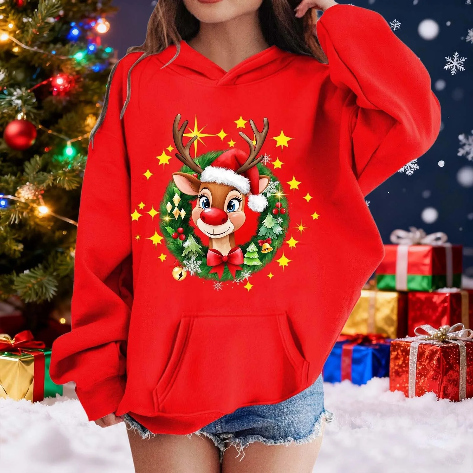 Рождественский свитер для девочки, забавный рождественский худи с капюшоном, рождественский пуловер с длинными рукавами и рождественским мотивом, уютная рождественская одежда, удобный рождественский костюм, фото №4