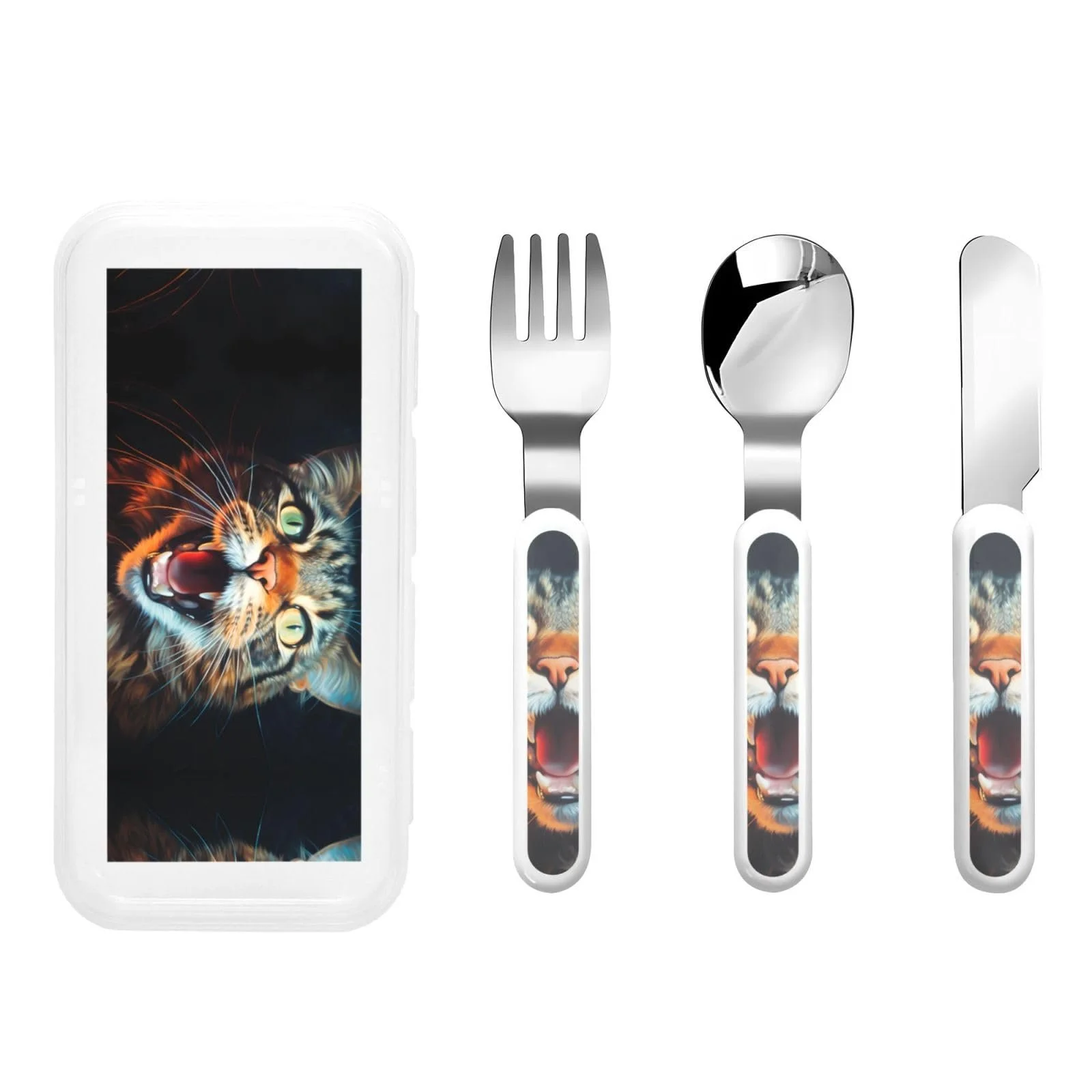 Набір дитячих столових приборів з трьох предметів з принтом відкритого рота кота, фото №1 Набір дитячих столових приборів з трьох предметів з принтом відкритого рота кота, фото №1