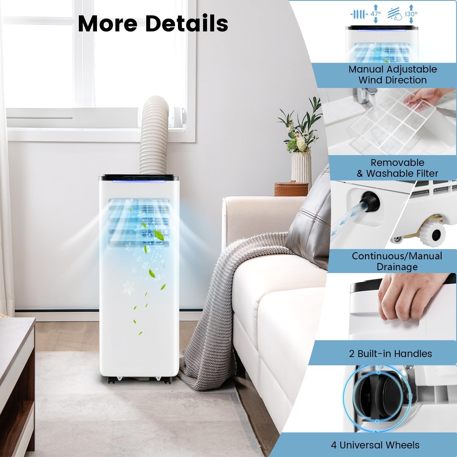 Мобільний кондиціонер SOARS 9000 BTU 4-в-1 LED-дисплей 24-годинний таймер, фото №2