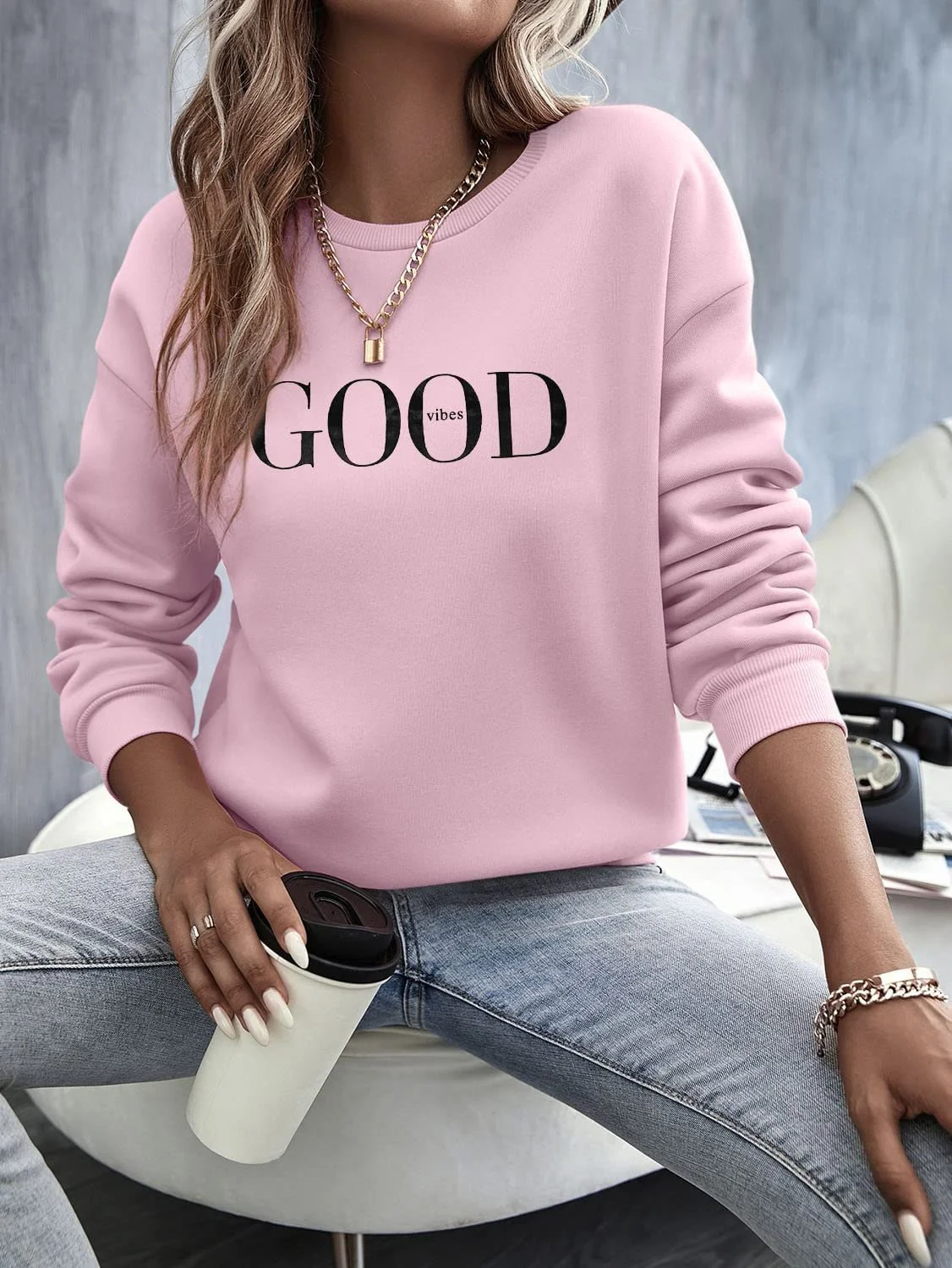 Джемпер Minetom Женский с принтом букв, с длинными рукавами, пуловер с круглым вырезом на осень/зиму, свободный, повседневный топ для спорта, Streetwear, без капюшона, фото №2