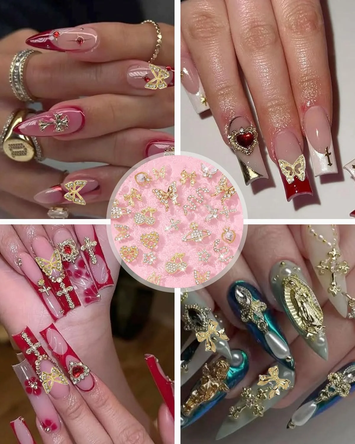 Украшения для ногтей 24 шт., Y2k Металлические украшения для ногтей, 3D Сердце Бантик Бабочка с камнями, Вишня, Блестящие ювелирные изделия, фото №6