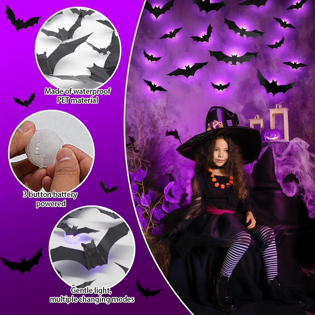 Наклейки на стіну Meleager Halloween Bat 3D світлодіодні Кажани 24 шт., фото №3 Наклейки на стіну Meleager Halloween Bat 3D світлодіодні Кажани 24 шт., фото №3