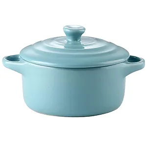 Керамическая миска VALICLUD огнеупорная с двойными ручками и крышкой для микроволновой печи Озерный голубой - Фото 1