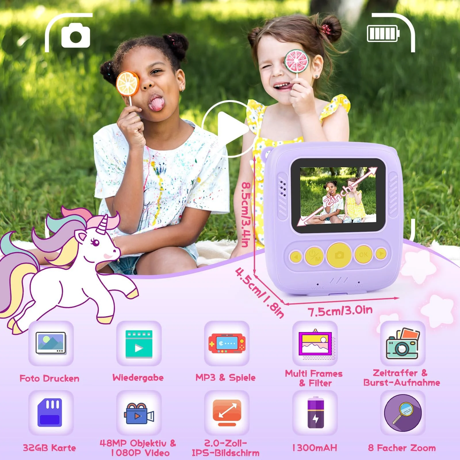 Детская цифровая фотокамера мгновенной печати 48MP 1080P с бумагой для печати и картой TF 32G Пурпурная (розовая), фото №2