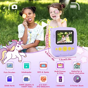 Детская цифровая фотокамера мгновенной печати 48MP 1080P с бумагой для печати и картой TF 32G Пурпурная (розовая) synthetic.ua - Фото 1