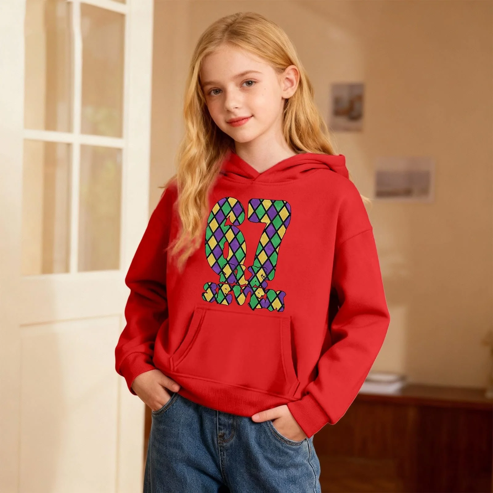 Худи 67 Детский худи с карнавальным узором, мягкий флисовый пуловер с карманом, фото №3
