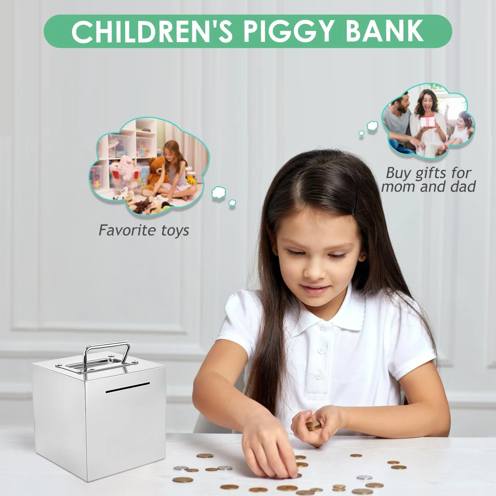 Скарбничка-сейф із нержавіючої сталі з ручкою велика з ключем, фото №4