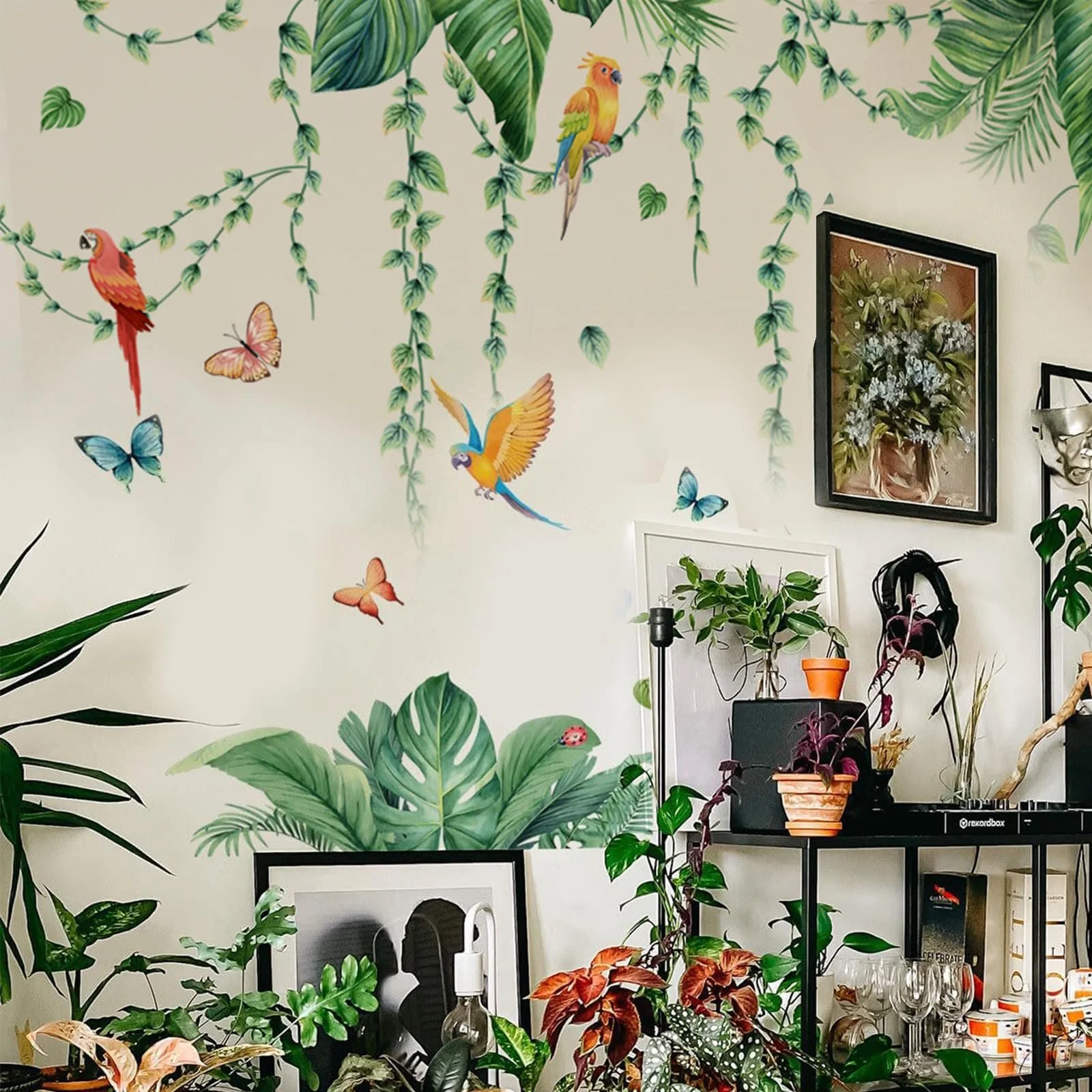 Наклейка на стіну Рослини Тропічне листя та птахи вінілова Зелена, фото №3