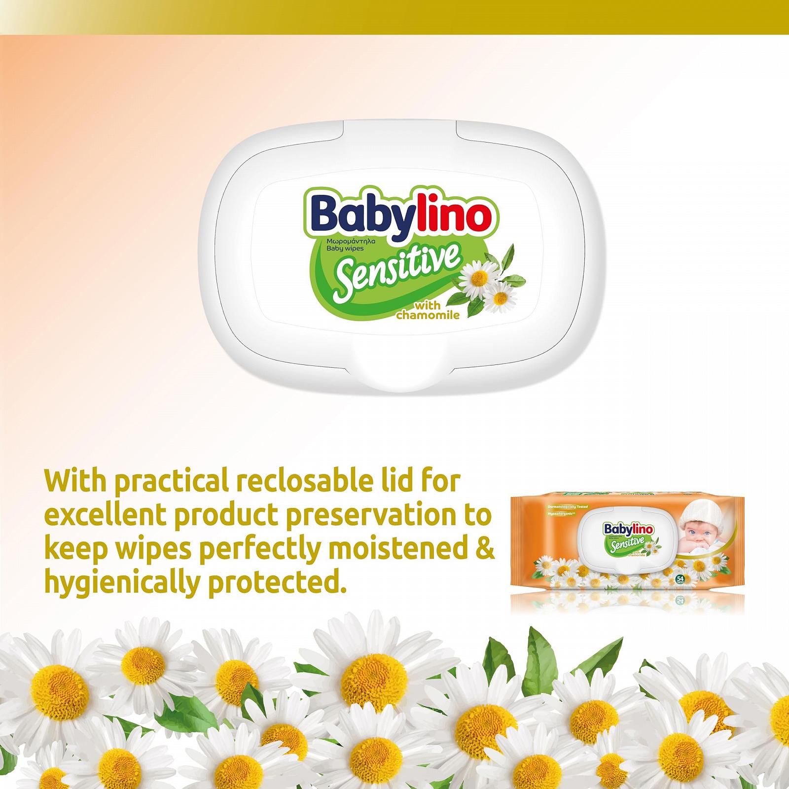 Дитячі серветки Babylino Sensitive з ніжним ароматом ромашки, 98% натуральна формула, що відновлює pH шкіри, 16 упаковок по 864 серветки, фото №5