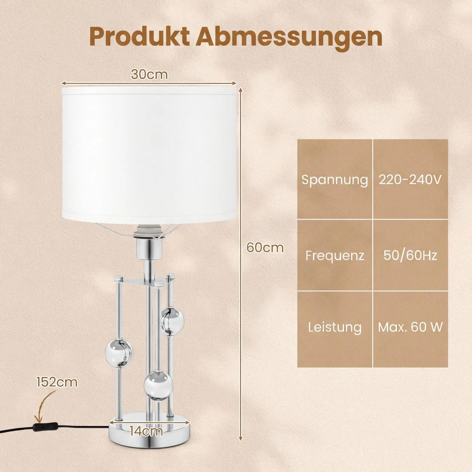 Настільна лампа COSTWAY з цоколем E27 лляним абажуром та декоративними кулями 30 x 60 см, фото №3