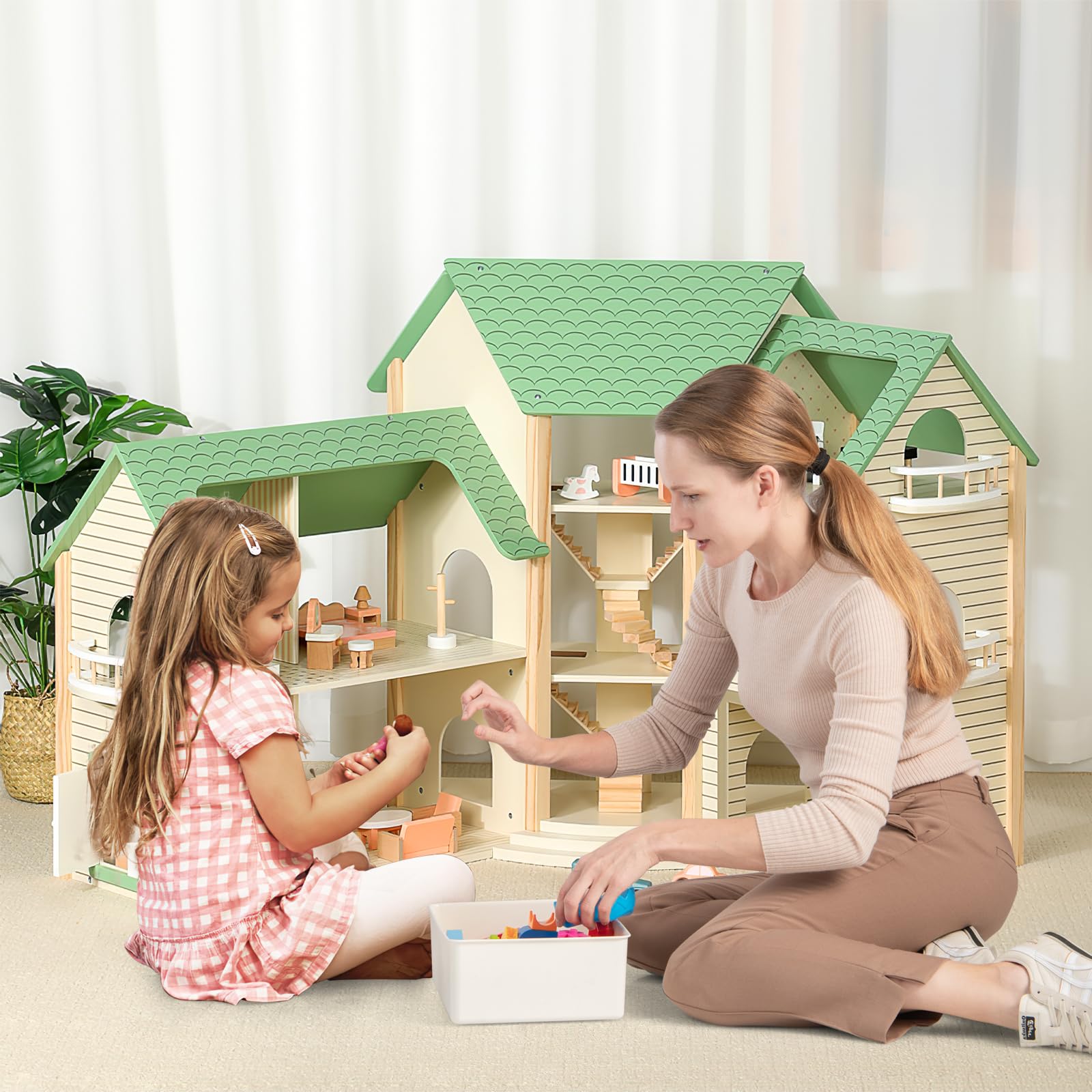 Дерев'яний будиночок для ляльок DREAMADE 3 рівні, 7 кімнат, 36/42 меблі Зелений, фото №8