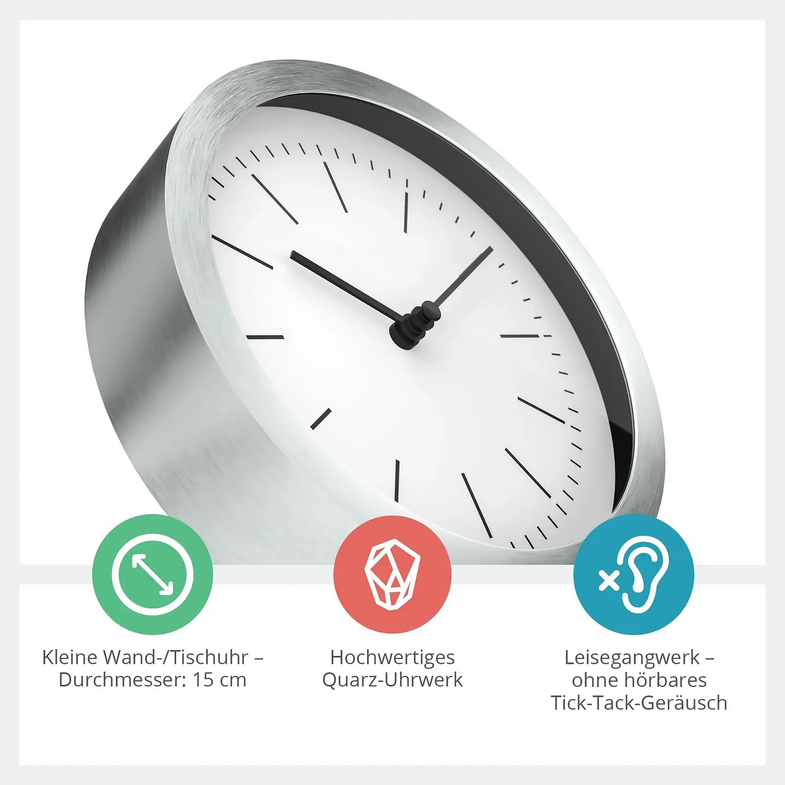 Настінний та Настільний Годинник MEBUS 2-в-1 Кварцовий Механізм 15 см Білий/Сріблястий, фото №2