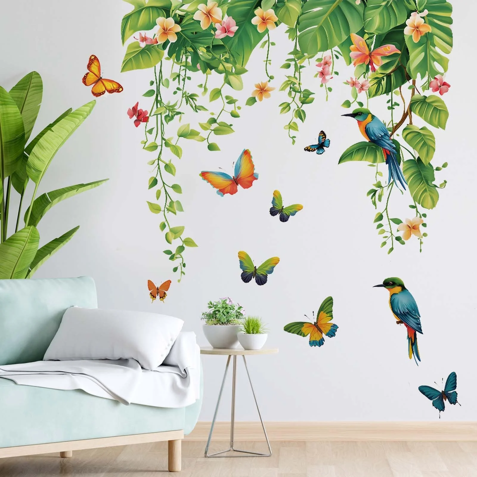Настенная наклейка Листья и растения Зеленые тропические листья Цветы Птицы Бабочки, фото №1