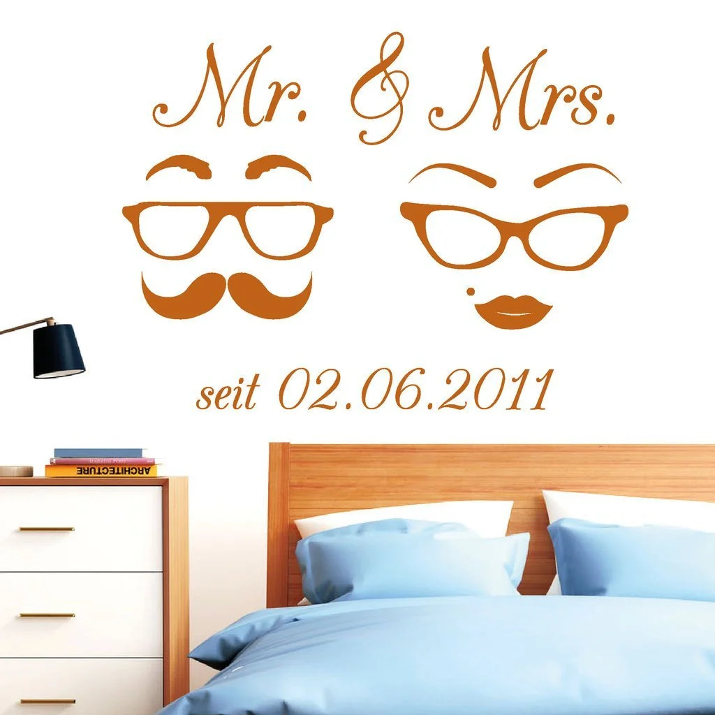 Наклейка на стену Mr & Mrs Усы очки и дата Лофт Свадебный подарок 54 цвета 3 размера, фото №4