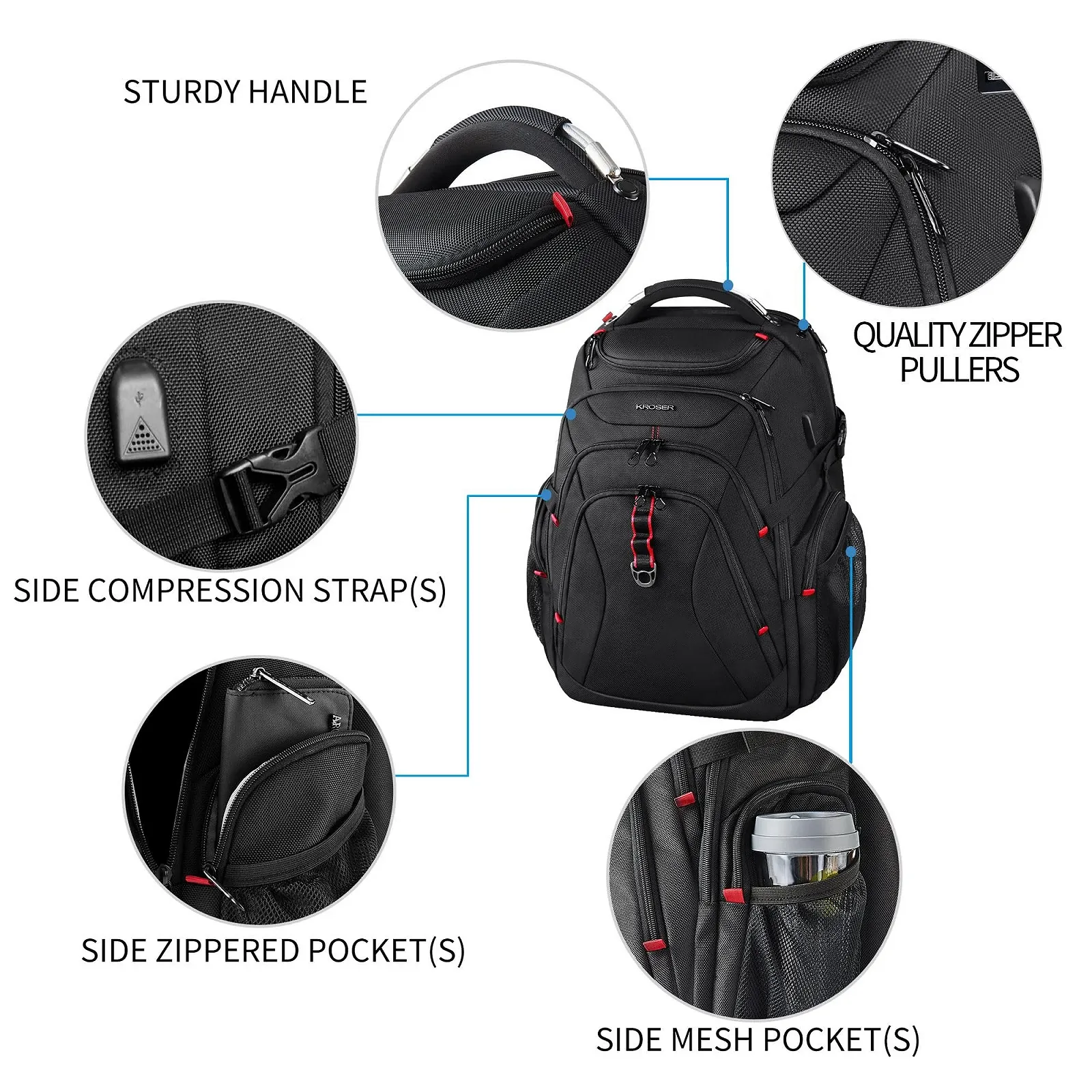 Рюкзак для ноутбука KROSER 17.3" Travel XL Business Daypack Heavy Duty Водонепроницаемый с RFID Черный, фото №4 Рюкзак для ноутбука KROSER 17.3" Travel XL Business Daypack Heavy Duty Водонепроницаемый с RFID Черный, фото №4