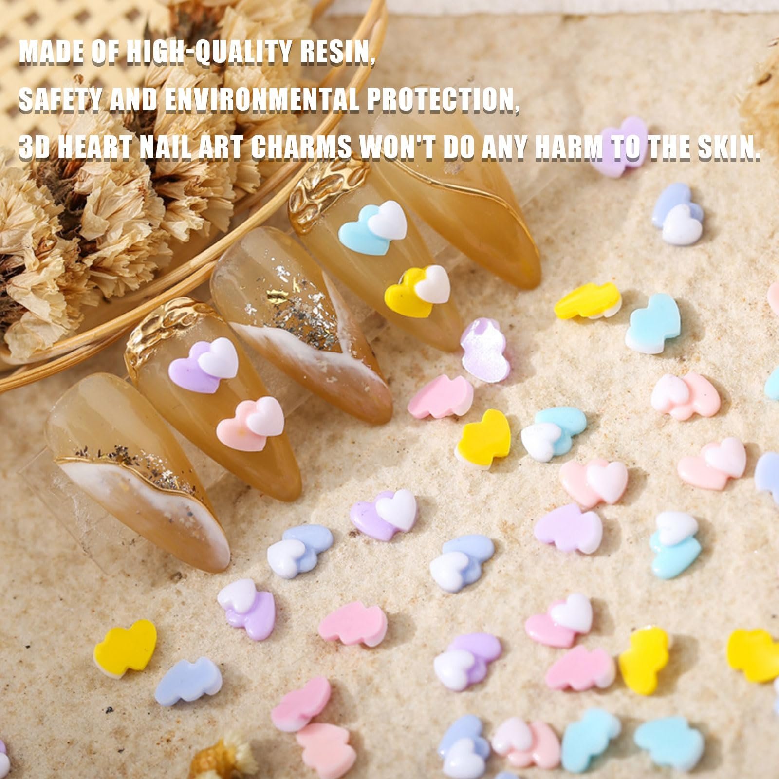 Подвески для ногтей в форме сердца, 100 шт., Макарон, цветные, 3D, двойное сердце, плоская задняя часть, двойной цвет, любовь, смола, аксессуары для ногтей для женщин, девочек, DIY украшения для маникюра, фото №3
