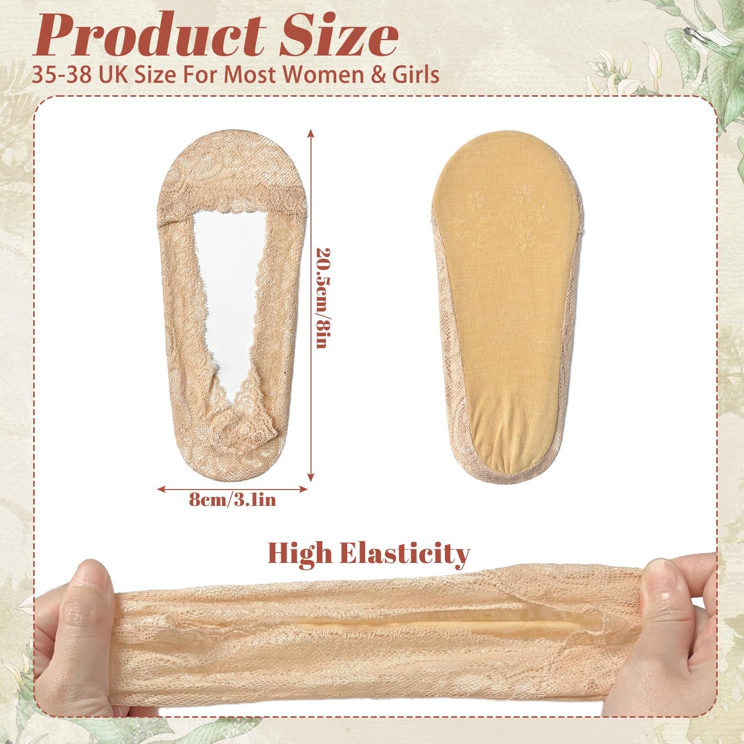 Женские носки-невидимки Кружевные 6 пар - Нескользящие низкие с силиконовым захватом для мокасин / балеток / кроссовок / туфель (Натуральный), фото №2