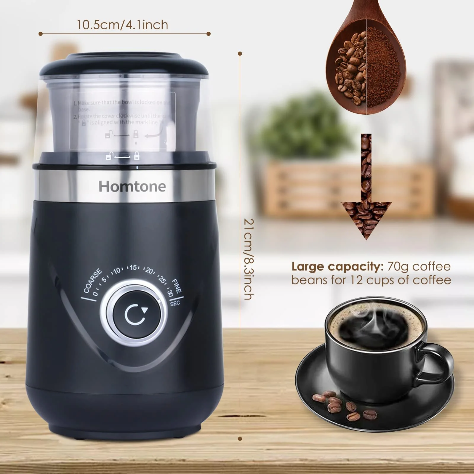 Электрическая кофемолка Homtone с таймером, регулируемым уровнем помола, двумя съемными контейнерами из нержавеющей стали 70 г, тихая 63 дБ, фото №2 Электрическая кофемолка Homtone с таймером, регулируемым уровнем помола, двумя съемными контейнерами из нержавеющей стали 70 г, тихая 63 дБ, фото №2
