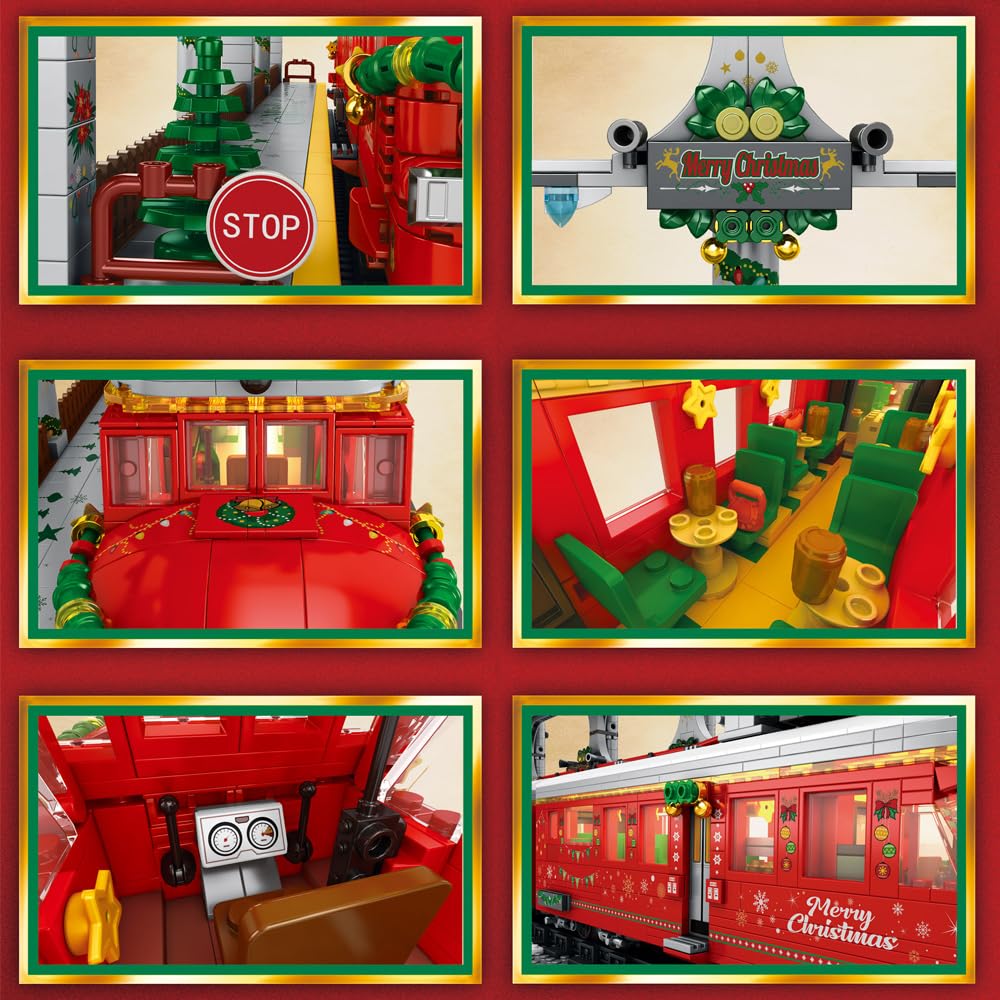 Потяг Reobrix 66034 Winter Christmas Train на 2282 частини, з освітленням, треками, затискними блоками, різдвяними прикрасами, фото №7