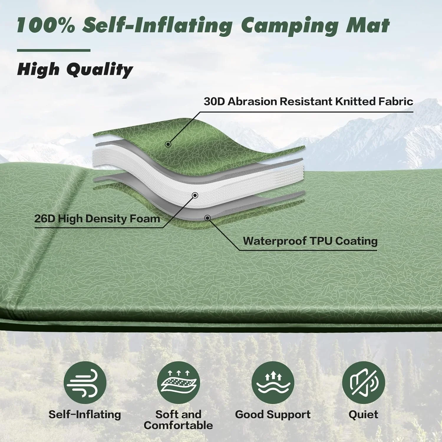 Кемпінговий мат Veapoot TTM004 194x67 см самонадувний  товщина 6 см максимум 300 кг Зелений, фото №3