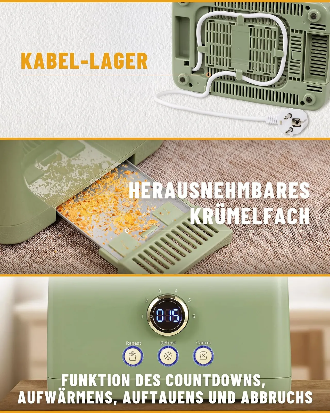 Тостер ZACHVO 2 скибки 850 Вт, 6 рівнів підсмажування, піддон для крихт, LED-дисплей, високий підйом, підігрів, розморожування, функція скасування, фото №4