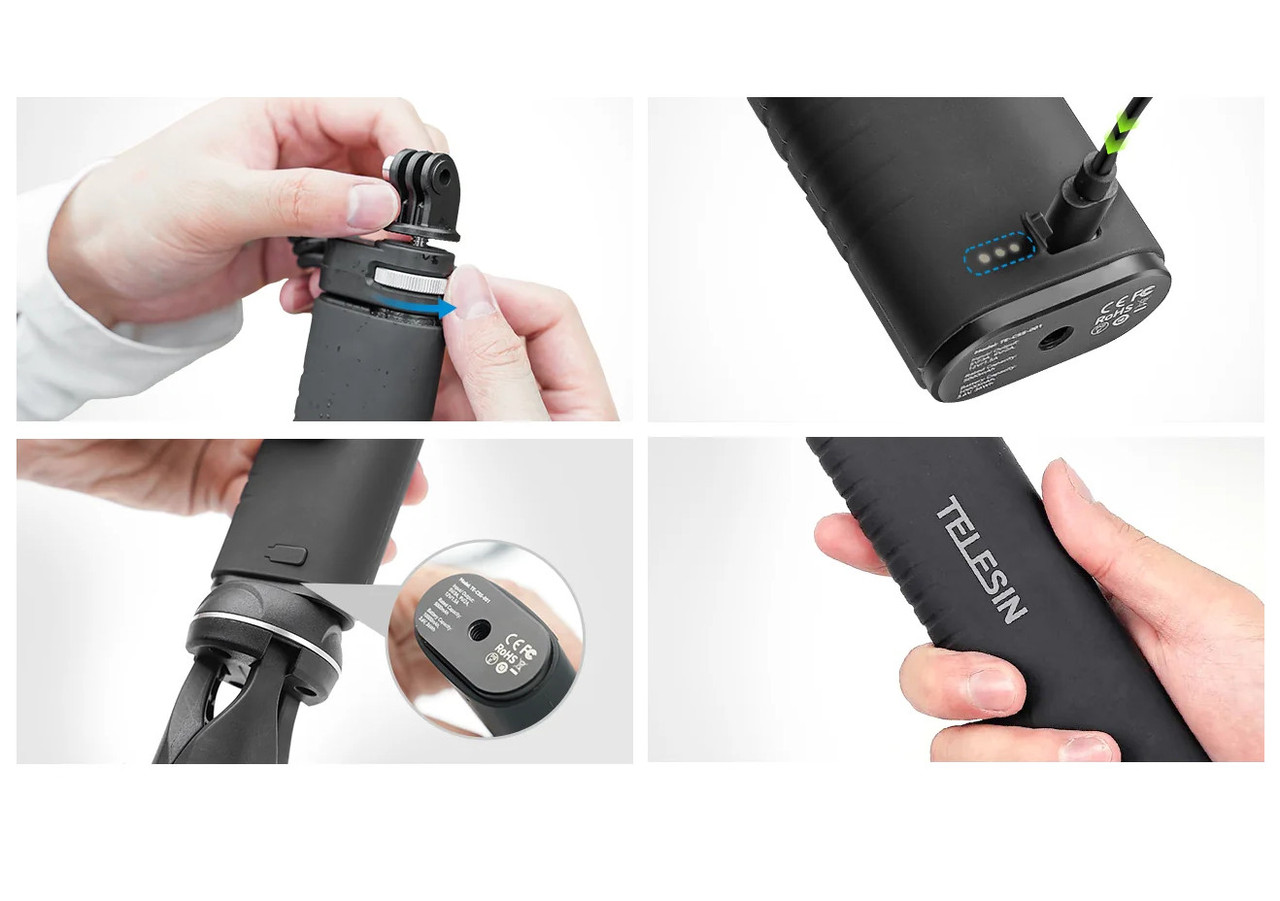 Ручка повербанк монопод для GoPro 11/10/9 телефону камери 10000мАг Type-C QC/PD3.0 Telesin TE-CSS-001, фото №4