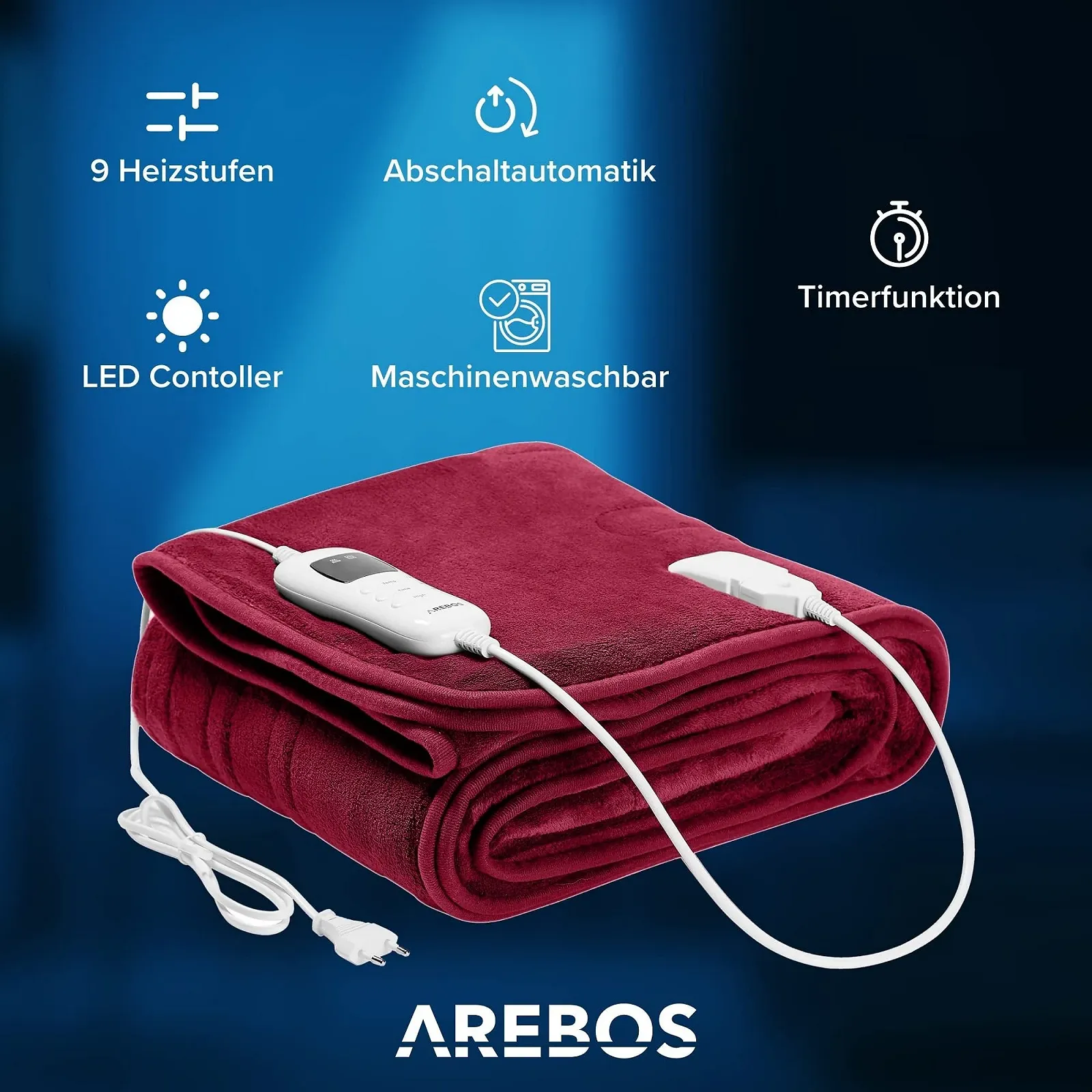 Электрическое одеяло Arebos Plush 160 x 120 см Бордовый, фото №3