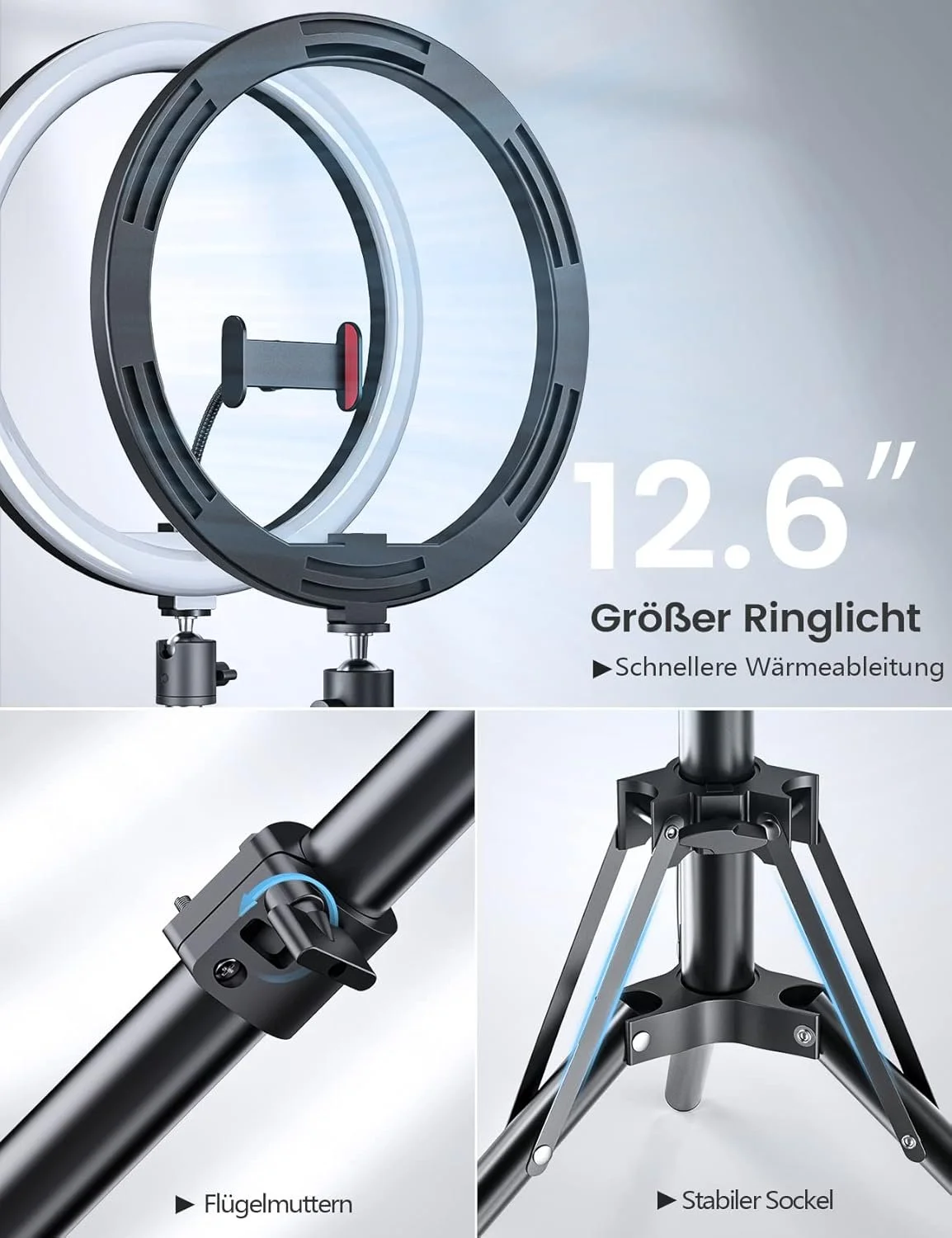 Кільцева лампа Pnitri PNR01 32 см з штативом для телефона Чорний, фото №3