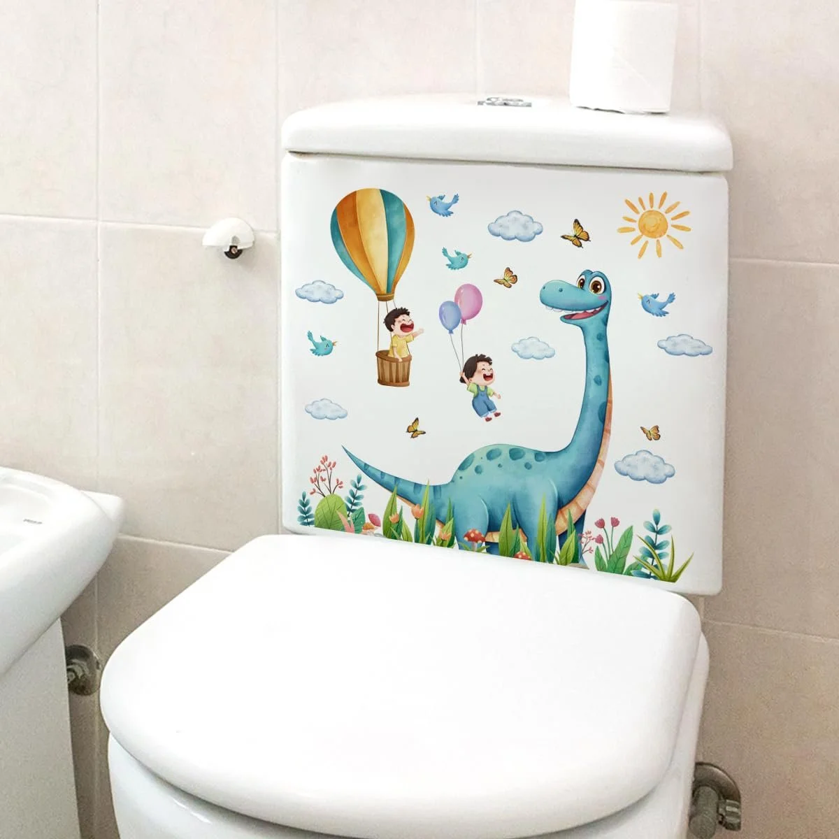 Наклейка на кришку унітазу Dinosaur/Kids Hot Air Balloon мультяшна знімна 25x30 см, фото №2