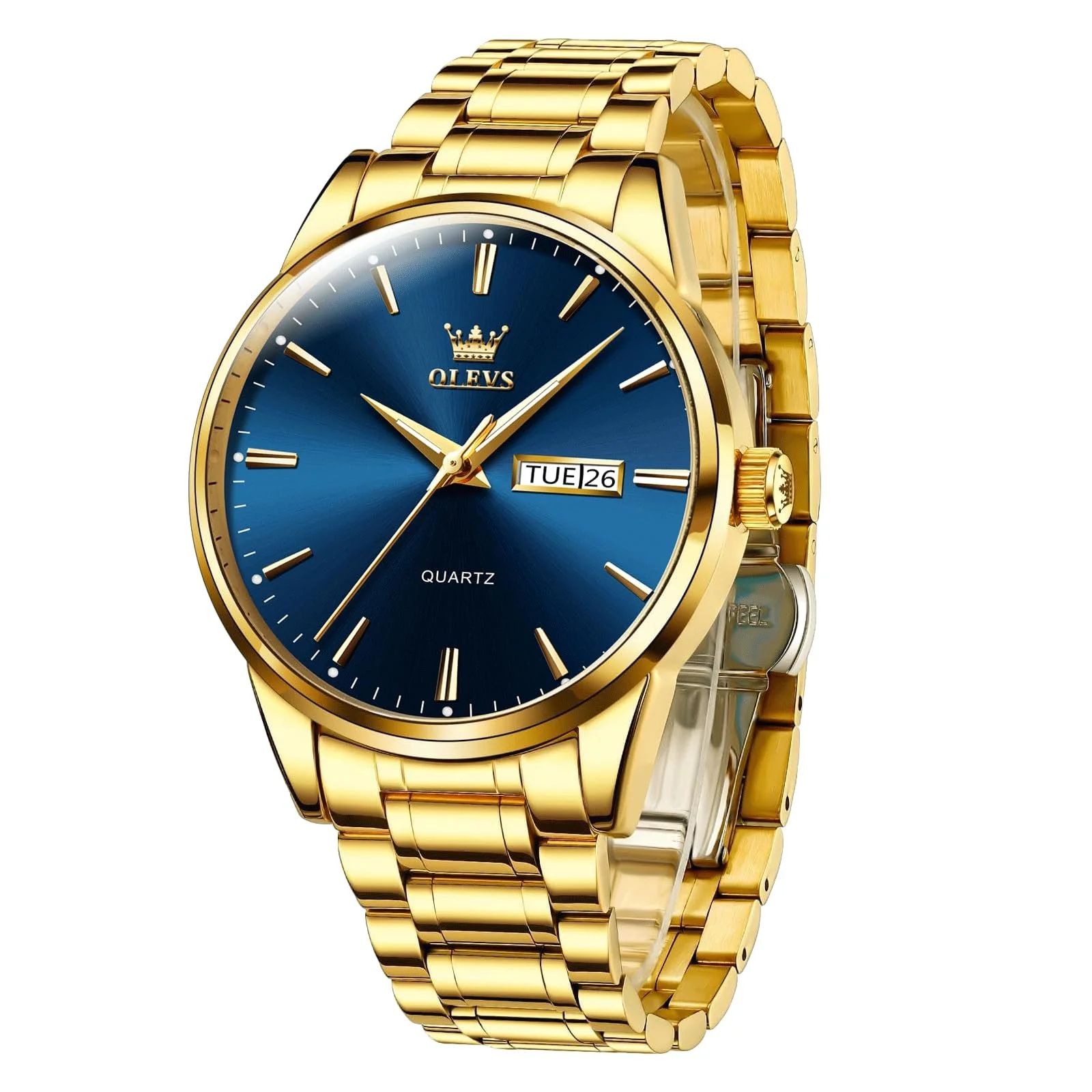 Чоловічий годинник OLEVS Золотий, Кварцовий аналоговий годинник з великим циферблатом з нержавіючої сталі, фото №1
