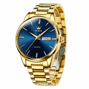 Чоловічий годинник OLEVS Золотий, Кварцовий аналоговий годинник з великим циферблатом з нержавіючої сталі - Фото 1