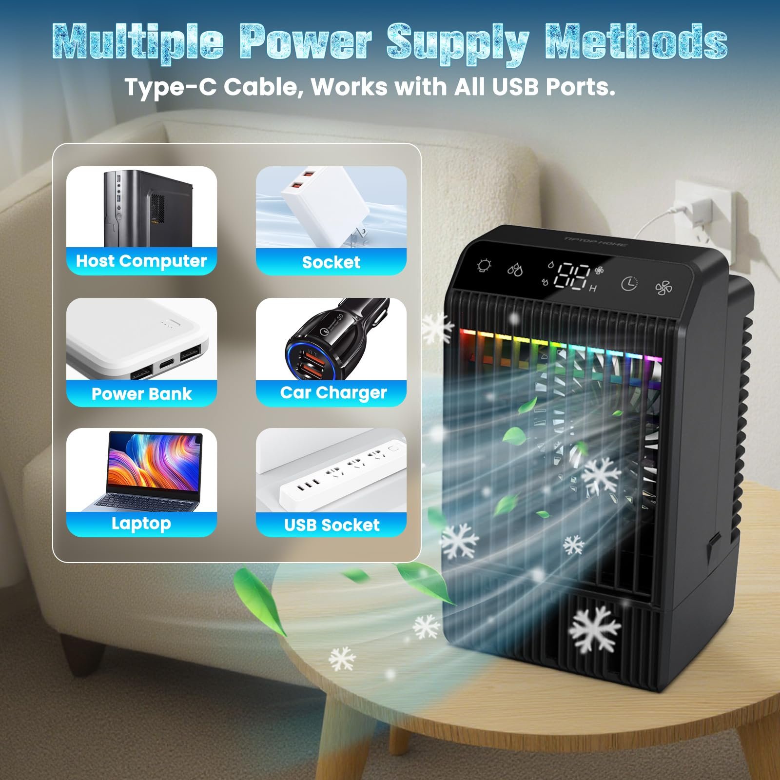 Мобільний міні-кондиціонер 4 рівні швидкості 1 L з підсвічуванням, фото №8