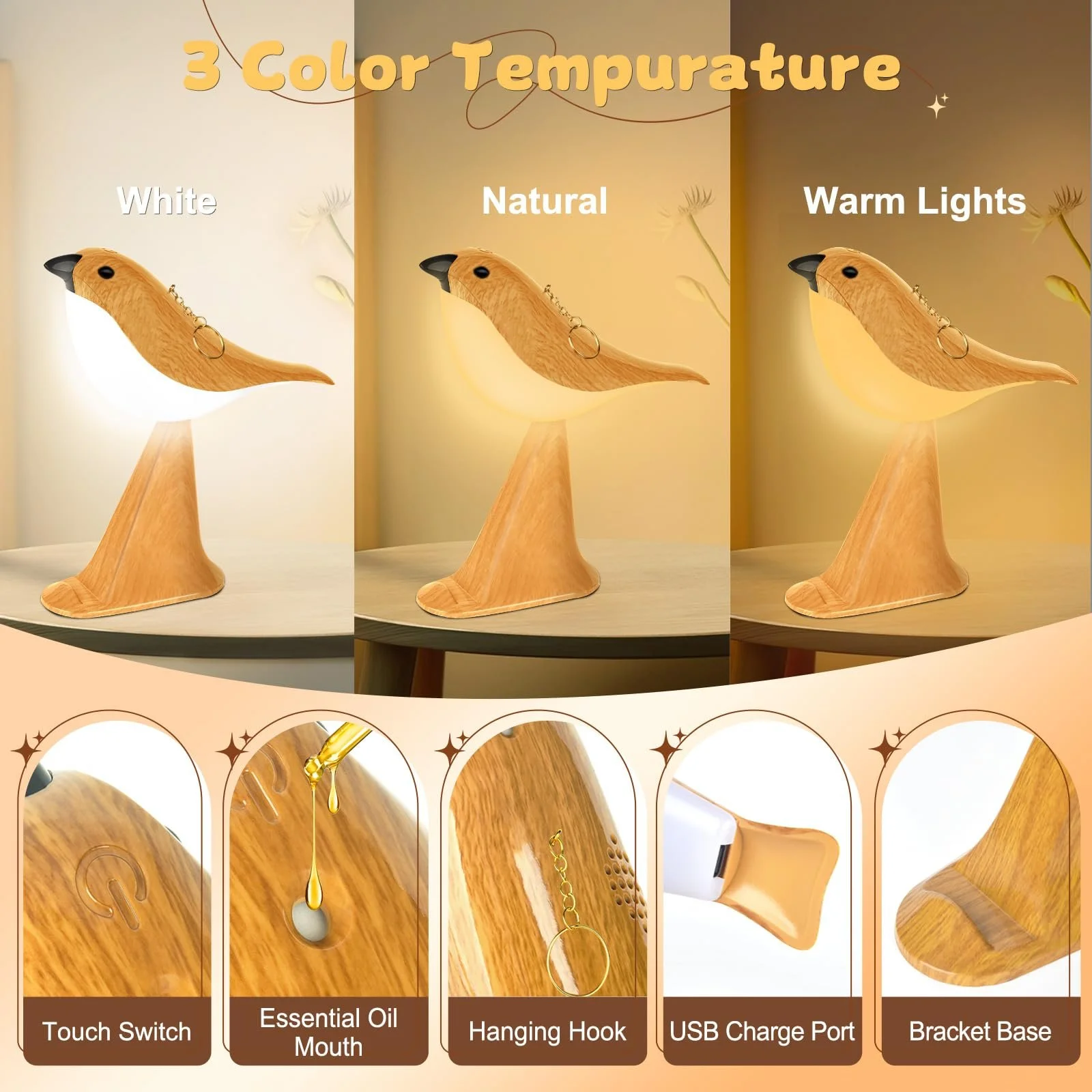 Настільна лампа LAVAED Stand Bird сенсорна акумуляторна USB Жовтий, фото №2