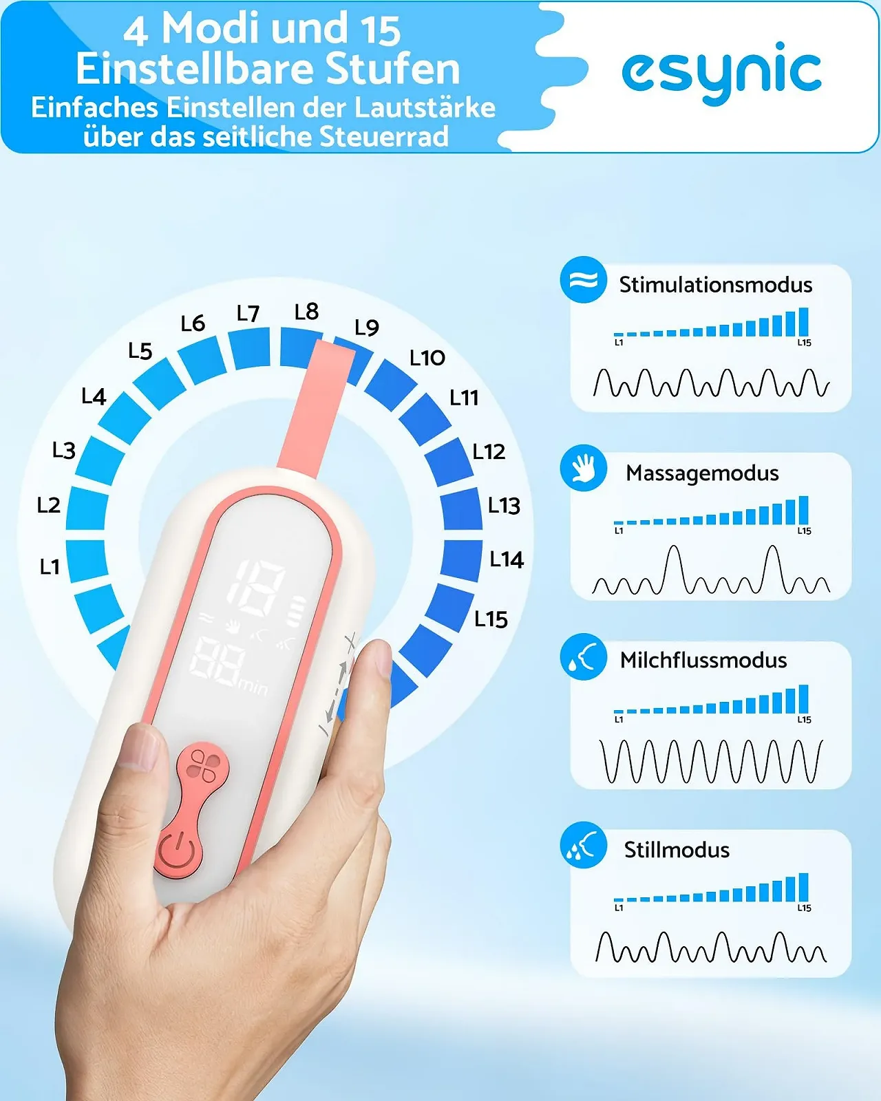 Моловідсмоктувач eSynic Електричний переносний Handsfree 4 режими 15 рівнів 210 мл, фото №3 Моловідсмоктувач eSynic Електричний переносний Handsfree 4 режими 15 рівнів 210 мл, фото №3
